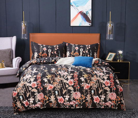 Floral navy duvet quilt cover set with matching pillow shams, pink and white flowers