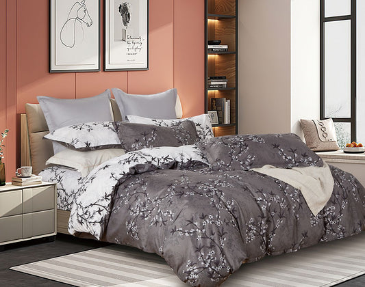 King-size duvet and quilt set, gray floral pattern with white pillows