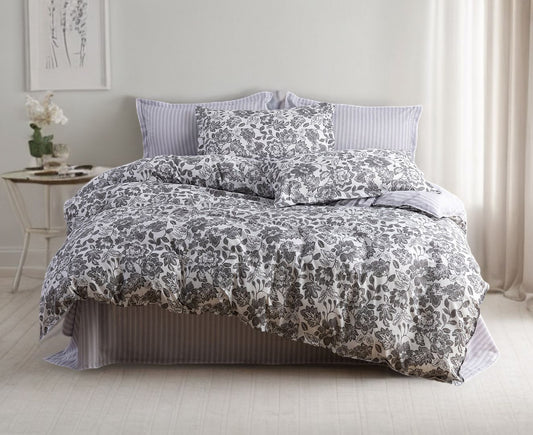 Queen quilt cover set with gray-and-white floral print and striped pillowcases