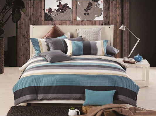 Super king duvet cover set with blue and gray striped and solid bedding panels
