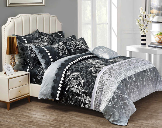 Super king duvet quilt cover set with black, white and grey patterned duvet and pillowcases
