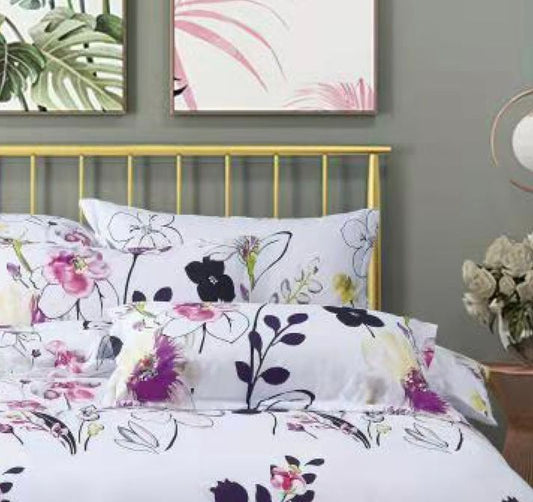 Super king duvet cover set with white floral print in purple and pink, duvet and pillowcases