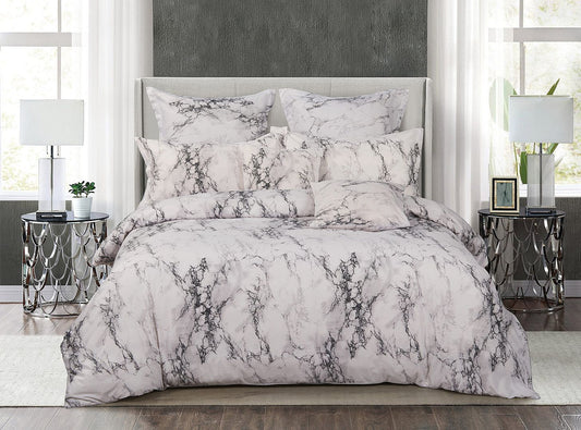 Marble-pattern duvet cover set with 2 pillow shams, white with dark grey veining