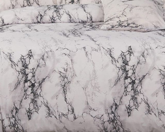 Marble-pattern duvet cover close-up, white fabric with dark grey web-like lines