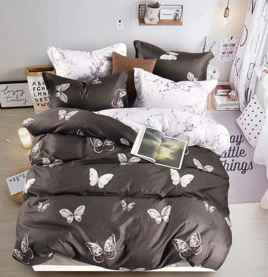 Butterfly super king duvet cover set, dark gray with white butterfly pattern and bedding