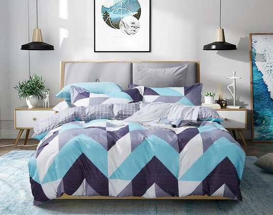 Super king duvet cover set with geometric chevron print in teal, navy, and white