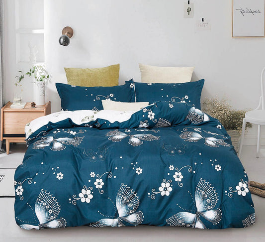 Super king quilt and duvet cover set, teal with white floral and bird motif