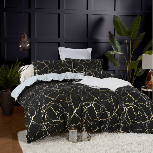 Super king duvet quilt cover set, black with gold crackle line pattern, reversible