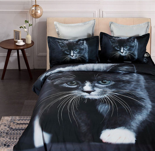 King cat print duvet cover set with two pillowcases, dark blue and gray tabby design