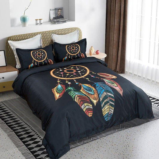Dream catcher quilt cover set, dark navy with large feather dreamcatcher design on duvet