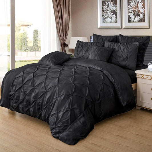 Black king duvet quilt cover set with quilted diamond pintuck pattern, shams shown
