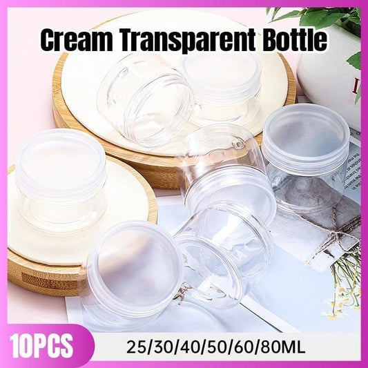 Set of transparent plastic jars with white lids, some open, wide-mouth cream containers
