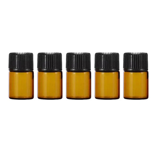 Five amber glass sample vials with black ribbed caps