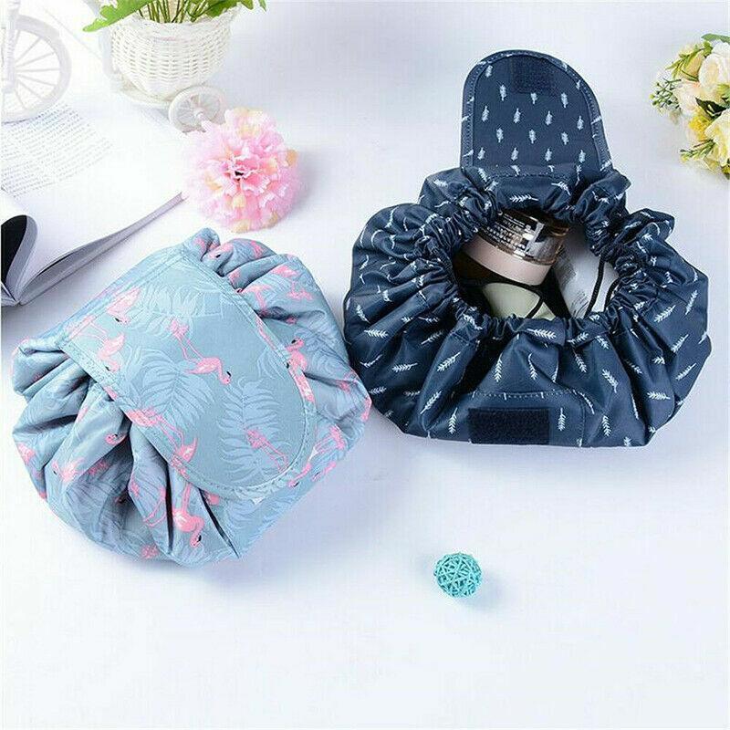 Portable Travel Makeup Bag Drawstring Cosmetic Pouch Lazy Storage Organiser Case - Blue White Feather
