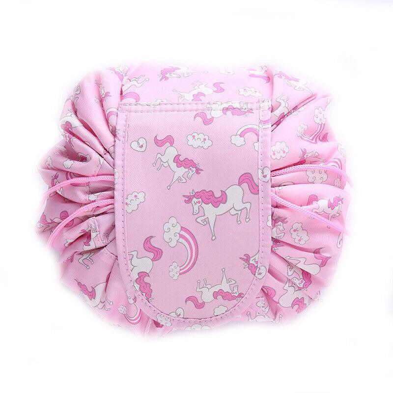 Portable Travel Makeup Bag Drawstring Cosmetic Pouch Lazy Storage Organiser Case - Blue White Feather