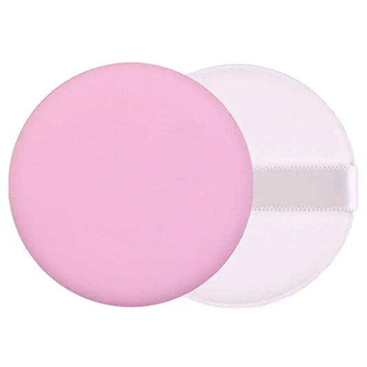 Pink round makeup powder puff with satin strap, for air cushion foundation application
