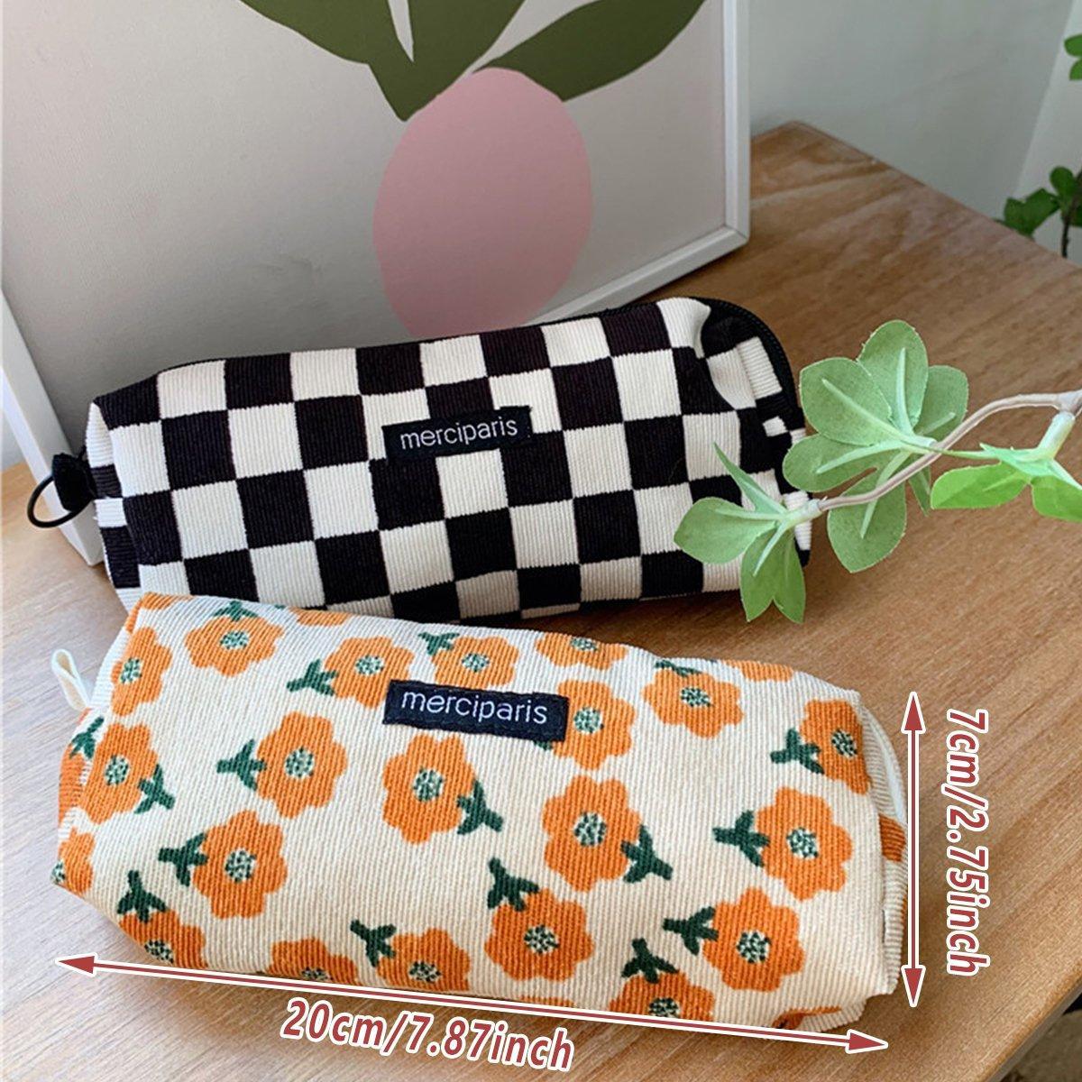 Large Capacity Pencil Case Organiser Bag Stationery Holder School Travel Pouch - Green Beige Plaid