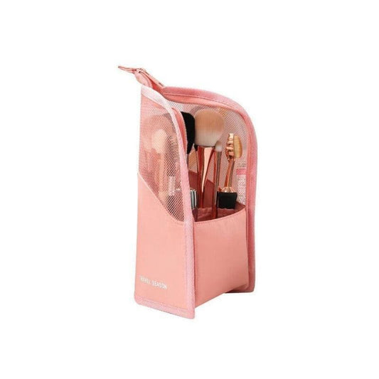 Pink cosmetic bag with zip and mesh panel for makeup brushes