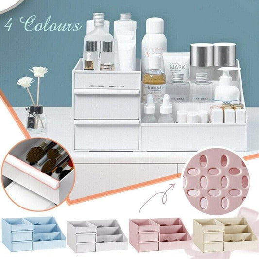 White cosmetic organizer box with drawers and divided compartments for skincare bottles