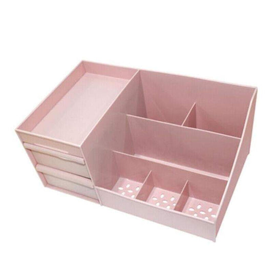 Pink cosmetic organizer tray with drawers and multiple inner compartments