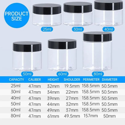 10pcs Wide Mouth Plastic Jars Black Lid Transparent Skin Care Cream Containers - 50ml