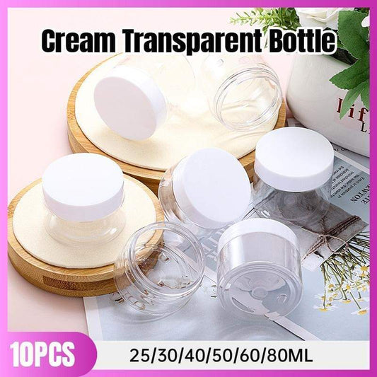 Set of transparent wide-mouth cream dispenser jars with white lids, plastic bottles
