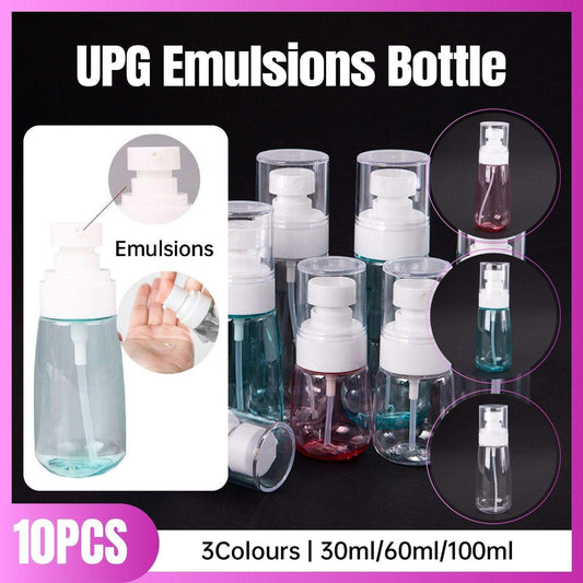 Set of 10 travel emulsion dispenser bottles with clear press pumps and refillable containers