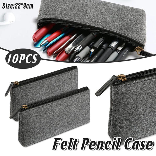 Grey felt pencil case with black zipper, open top showing pens and markers inside