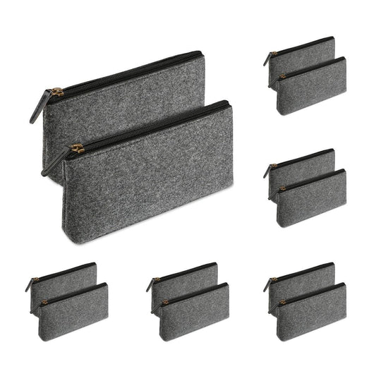 Grey felt pencil case with black zipper and gold-tone pull tab, rectangular pouch