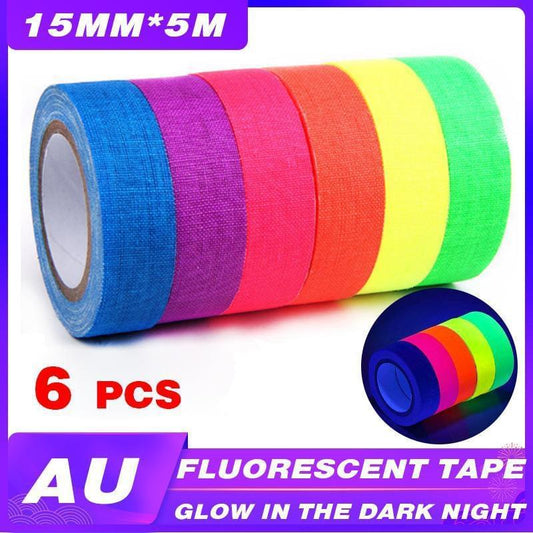 Self-adhesive fluorescent tape roll with multicolor stripes in blue, purple, pink, orange, yellow
