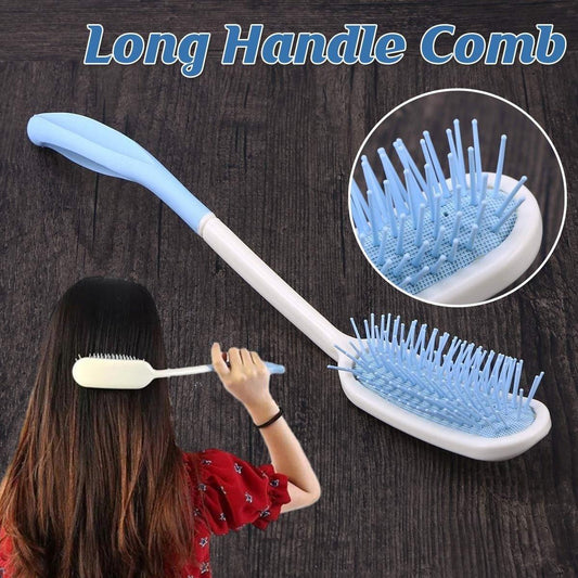 Long-handled hair brush with blue bristle head and white handle, shown with inset close-up.