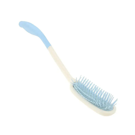 Long-handled hair brush with blue bristle pad and white handle on a plain background.