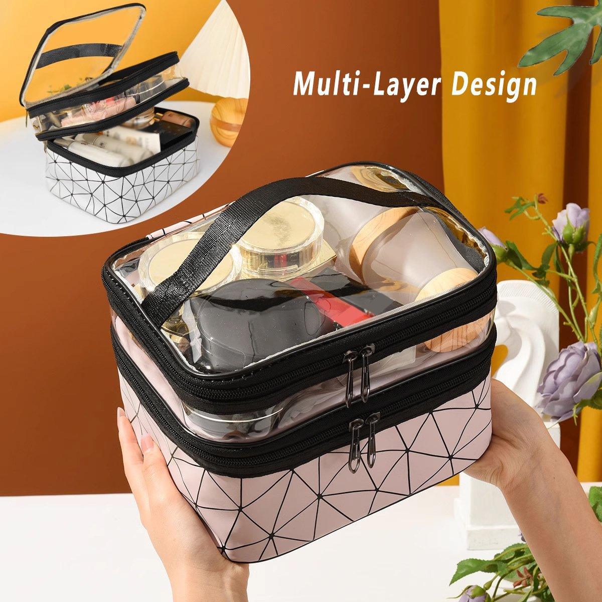 Portable Double-Layer Large Capacity Waterproof Cosmetic Bag Travel Toiletry Bag - Dark Pink