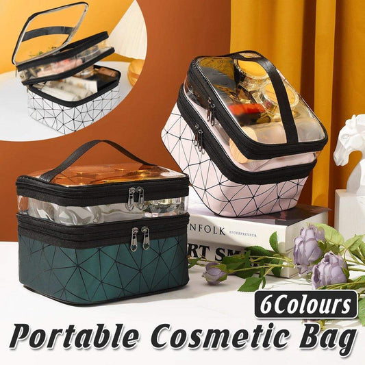 Double-layer waterproof cosmetic bag with clear top, dark teal geometric pattern, black trim