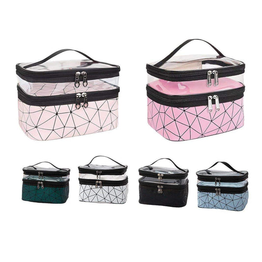 Set of double-layer cosmetic bags with clear tops, geometric patterns, and zip closures