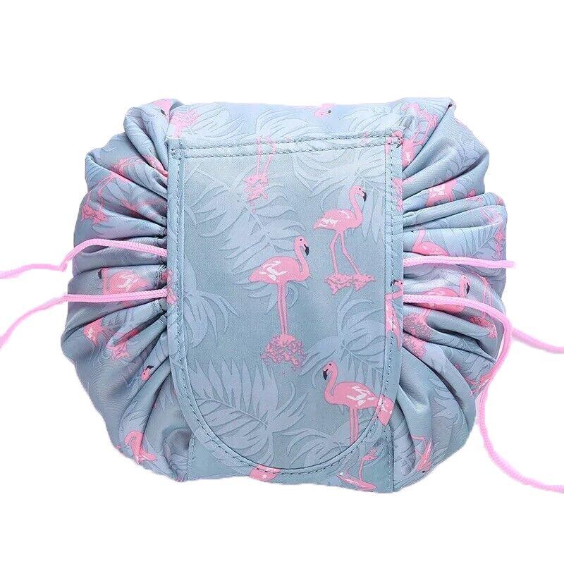 Portable Travel Makeup Bag Drawstring Cosmetic Pouch Lazy Storage Organiser Case - Green Flamingo