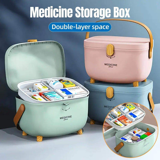 Double-layer first aid kit organizer, open compartments, pastel pink and mint