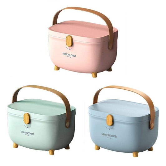 Portable first aid kit organizer set, closed boxes in pink, mint, and light blue