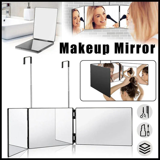 Tri-fold folding mirror with dark panels and telescopic stand for grooming and styling