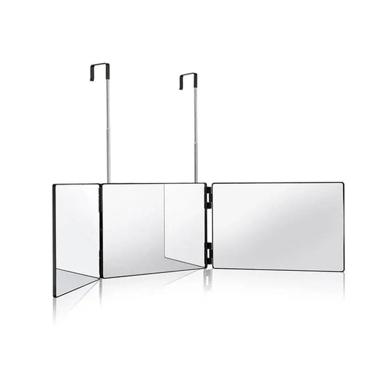 Tri-fold vanity mirror with light reflective panels and two telescopic hanging arms