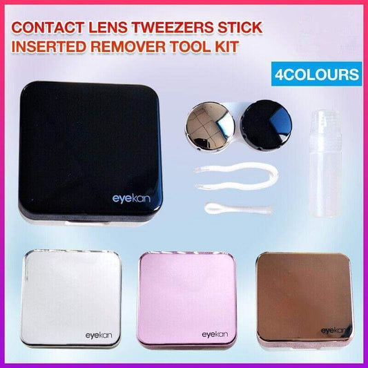 Contact lens tweezers tool kit with black storage case and applicator sticks