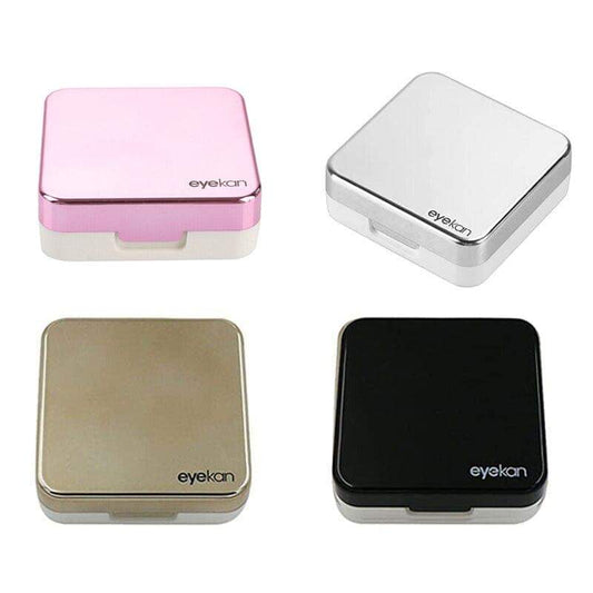 Set of four contact lens storage cases: pink, white, gold, and black