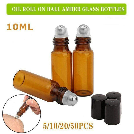 Amber glass roll-on perfume bottles set with metal ball and black caps, 10ml
