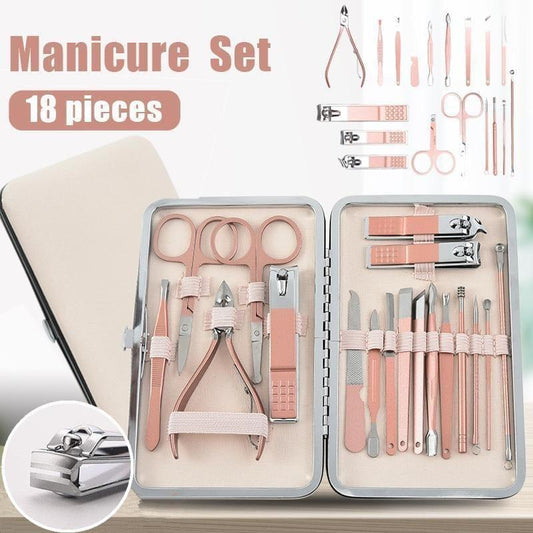 Rose gold stainless steel manicure set in open travel case with tools and compartments