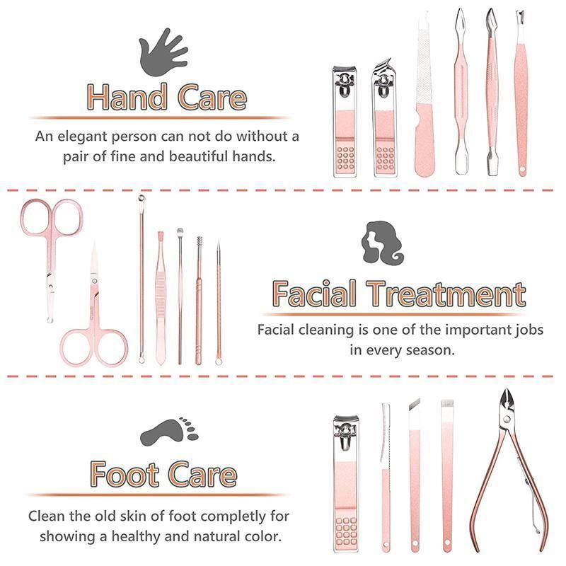 18 Piece Rose Gold Stainless Steel Manicure Pedicure Set With Travel Case