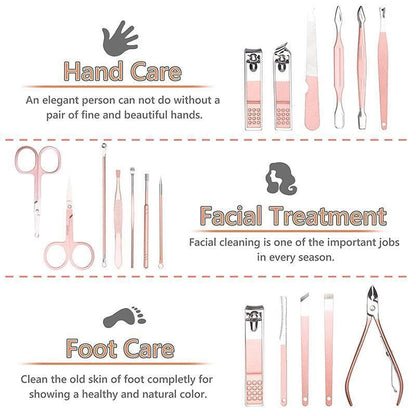 18 Piece Rose Gold Stainless Steel Manicure Pedicure Set With Travel Case