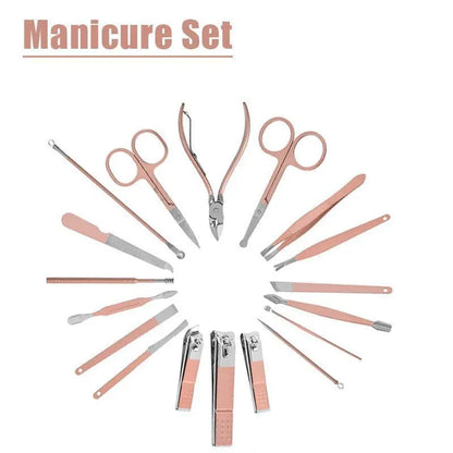 18 Piece Rose Gold Stainless Steel Manicure Pedicure Set With Travel Case