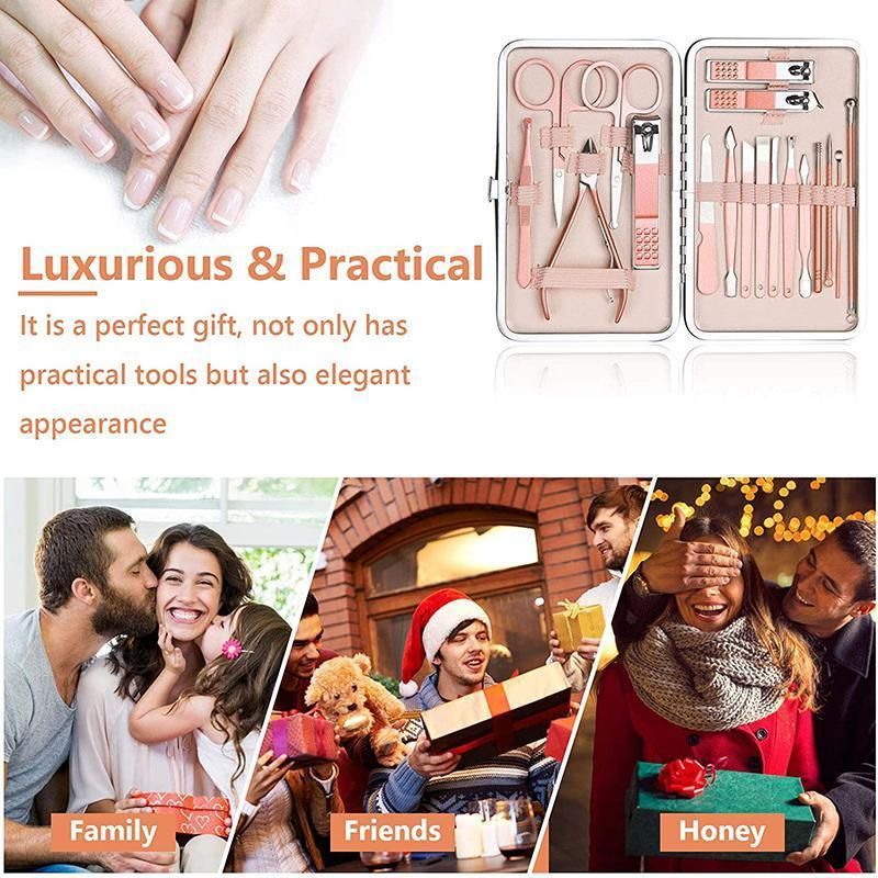18 Piece Rose Gold Stainless Steel Manicure Pedicure Set With Travel Case