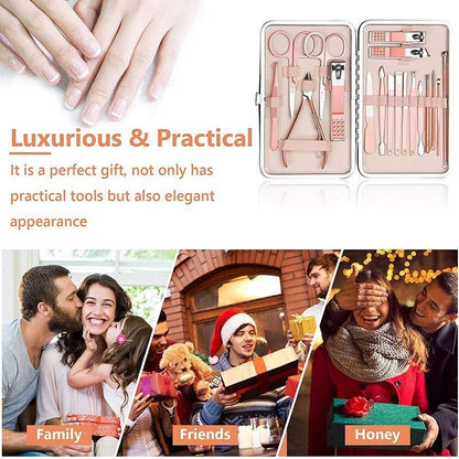 18 Piece Rose Gold Stainless Steel Manicure Pedicure Set With Travel Case