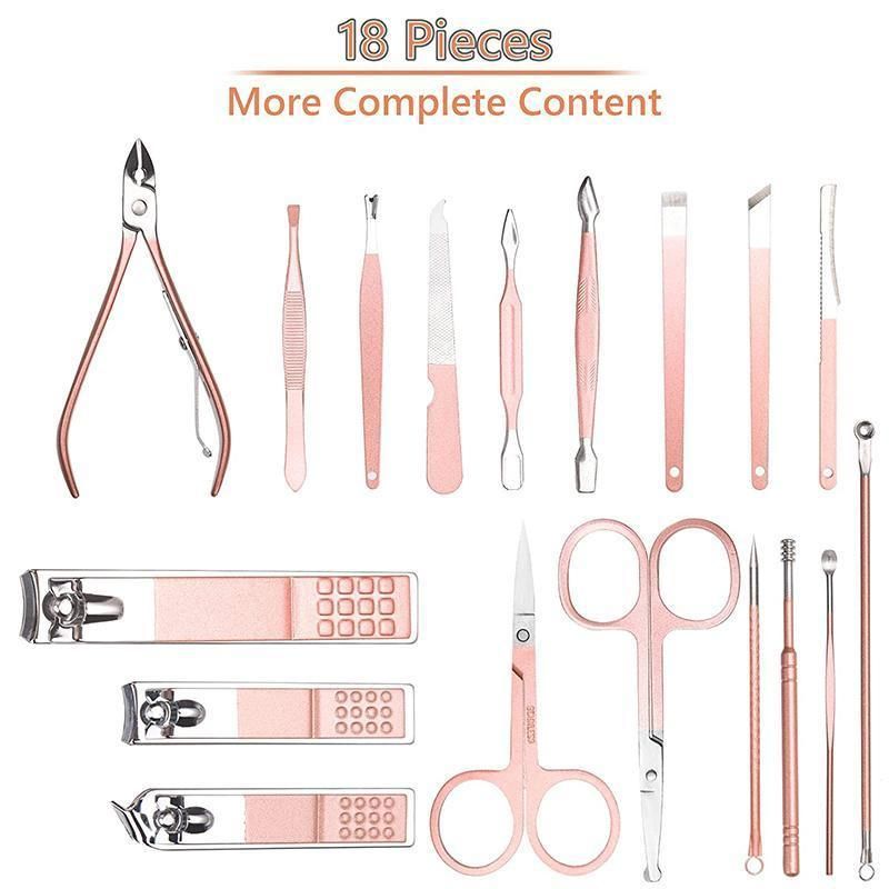 18 Piece Rose Gold Stainless Steel Manicure Pedicure Set With Travel Case